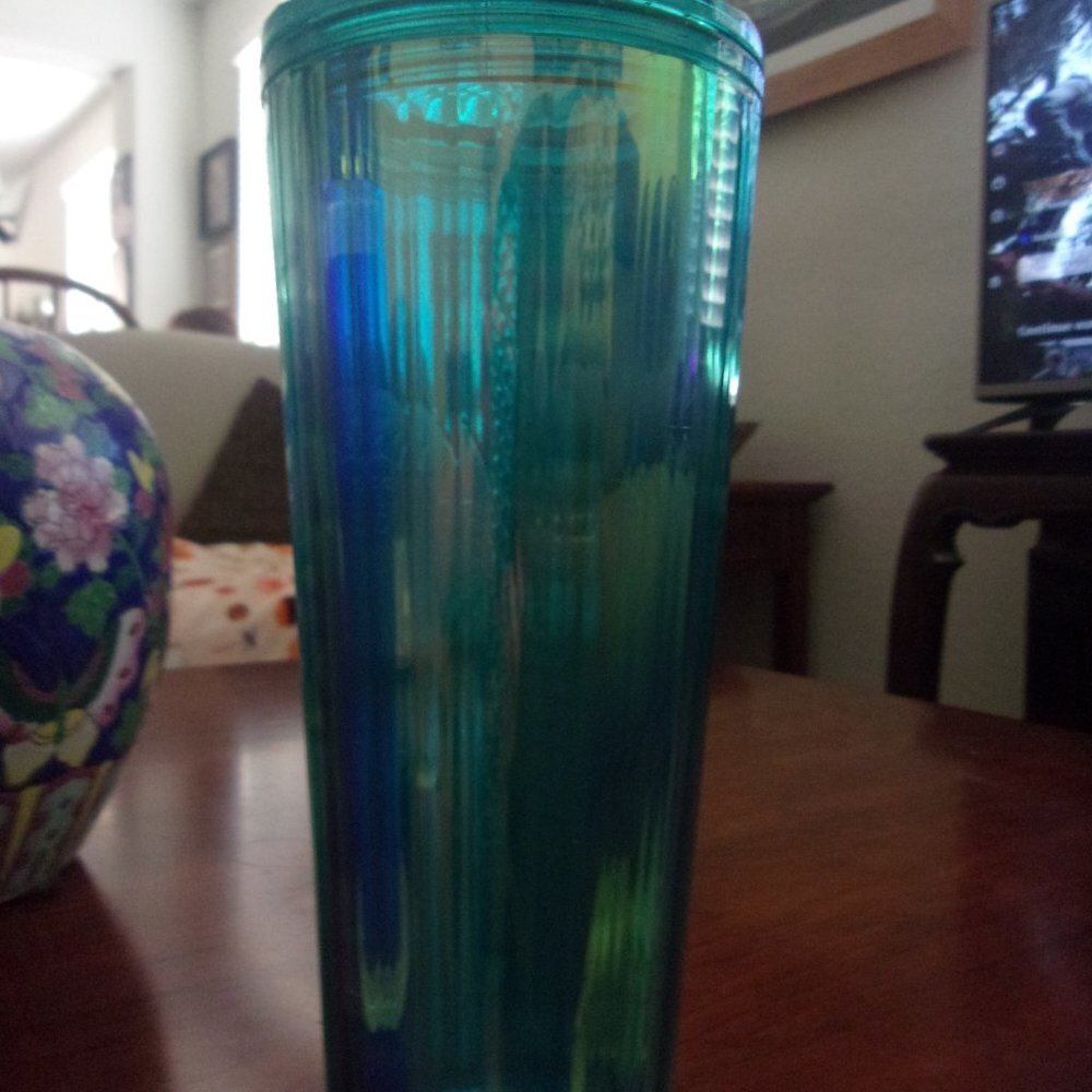 STARBUCKS Used Summer Turquoise Teal Blue Iridescent Kaleidoscope Cold Cup 24oz
